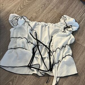 Smocked Off-Shoulder Ruffle Peplum Top — White with Black Trim